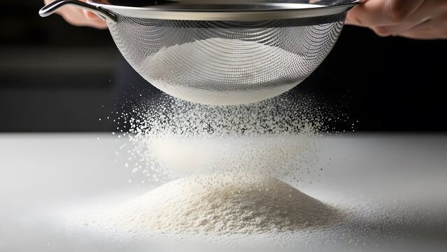 Close-up of a hand sifting white flour into a pile, emphasizing the meticulous preparation for baking or cooking.