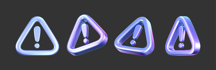 3D holographic alert icon with exclamation mark. Render of triangle holo symbol of hacker attack, AI threat, data protection, spam, privacy, cybersecurity, scam, fraud and digital risk. 3D vector