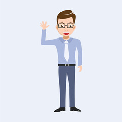 Flat vector illustration of a friendly young businessman or office worker wearing glasses, raising one hand to wave hello or goodbye