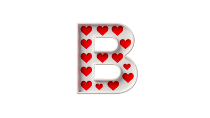 3D white letter B with red hearts inside on transparent background.