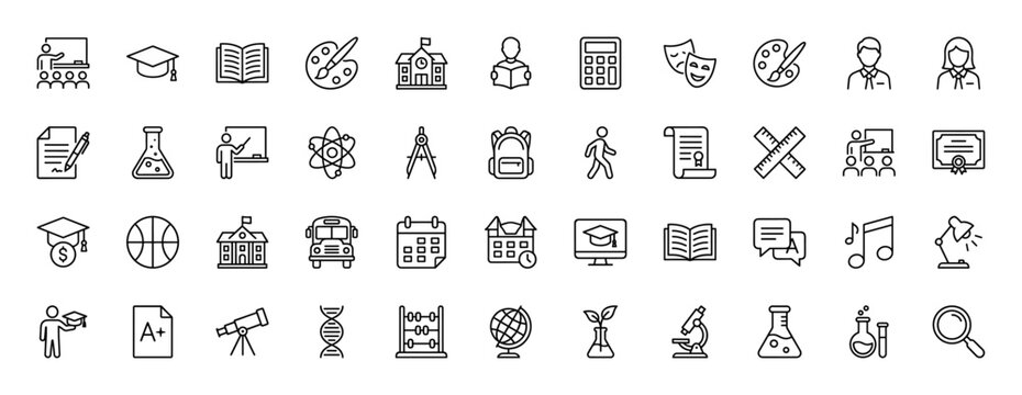 Education line icon set. Vector pictograms of school building, graduation cap, books, diploma, and laboratory equipment, thin linear illustration.
