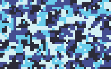 Fototapeta premium Digital pixel camouflage pattern background, seamless military army camo, repeat print for Wallpapers or prints on fabric. Blue, sea colors, marine texture.