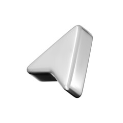 3D silver arrow cursor icon with glossy metal gradient, isolated on white background. Render of chrome arrow pointer for interfaces, tech navigation, mouse click, and location search. 3D vector icon