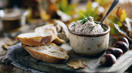 pate or terrine, likely made from chestnuts or a mushroom blend, presented in a small, earthy ceramic bowl. It is served with crusty slices of baguette on a wooden board, with chestnuts