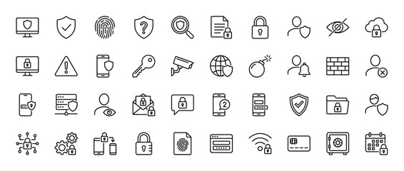 Fototapeta premium Cyber security and data protection line icon set. Vector pictograms of lock, shield, firewall, fingerprint, and key, thin linear illustration.