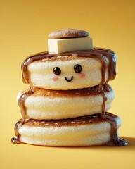 Cheerful Kawaii Pancake Character with a Happy Smile, Butter, and Dripping Chocolate.