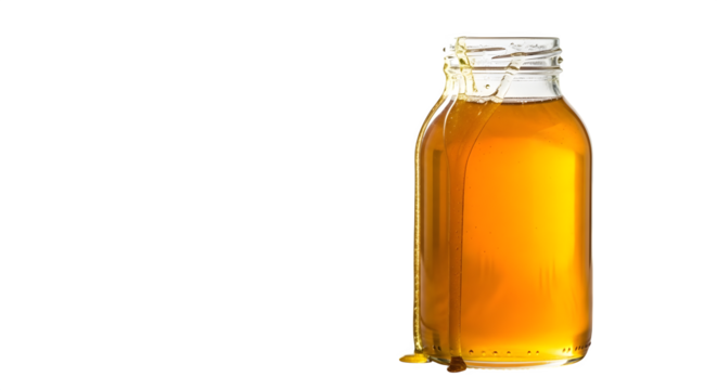 Glass jar filled with golden honey isolated on transparent background