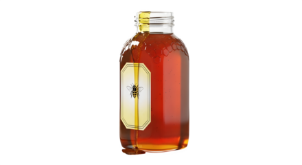 Glass jar of amber honey with a decorative label isolated on transparent background