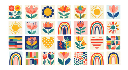 Boho Floral Rainbow Icons Set for Spring Summer Textile Print Web Design Product Packaging