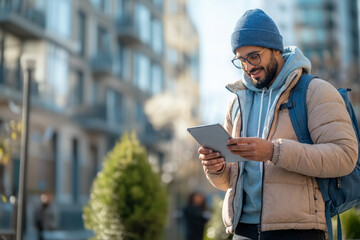 Young man wearing winter clothes and glasses happily navigating a digital tablet while standing outdoors in the urban environment, connecting with technology