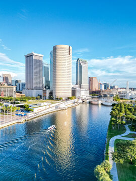 Tampa skyline from above aerial view photography city with skyscrapers and Hillsborough River in downtown Tampa, United States
