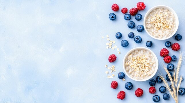 Two bowls of oatmeal with fresh blueberries and raspberries on a light blue background. Healthy breakfast concept, top view. - Powered by Adobe