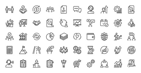 Business and management line icon set. Vector pictograms of handshake, report, chart, team, and success, thin linear illustration.