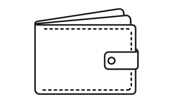 Wallet icon with dash line stitches, purse symbol on transparent background