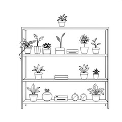 A clean monochromatic line-art illustration of a symmetrical shelving unit with five tiers, filled with an assortment of potted plants with varying leaf shapes and sizes, small boxes with lids, and de