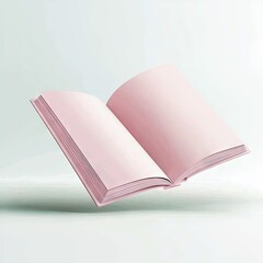 An open book with pink pages is levitating in the air. The image is set against a soft, light background.