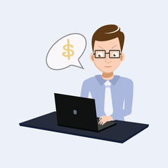 Businessman Working on Laptop Thinking About Money