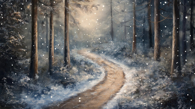 Magical woodland path winding through frost-covered trees in a serene winter landscape - Powered by Adobe