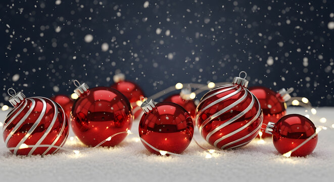 Red Christmas ornaments with snowflakes and festive lights - Powered by Adobe