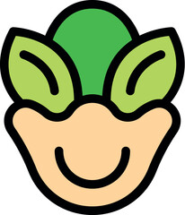 Cartoon face with green leaves growing from the top, representing nature, happiness, and well being