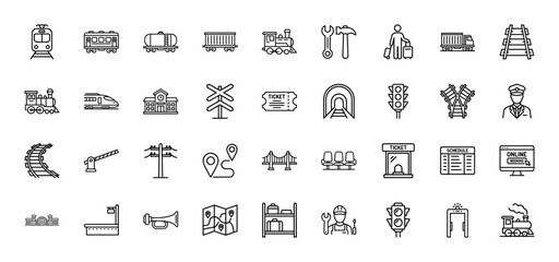 Rail transport line icon set. vector pictograms of train, wagon, passenger, track, schedule, and ticket, thin linear illustration.