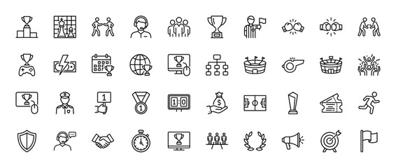 Sport and competition line icon set. Vector pictograms of trophy, medal, stadium, stopwatch, and referee, thin linear illustration.
