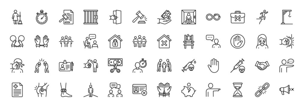 Justice and crime line icon set. Vector pictograms of gavel, handcuffs, prison, violence, arrest, victim, and money, thin linear illustration.