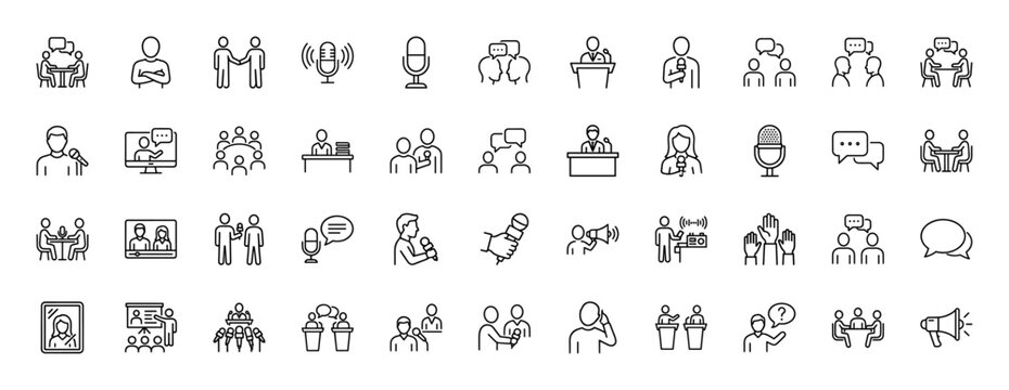 Communication and public speaking line icon set. Vector pictograms of audience, conference, negotiation, presenter, interview, and debate, thin linear illustration.