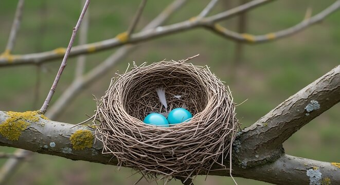 Small bird nest with two bright blue eggs resting on a tree branch in early spring