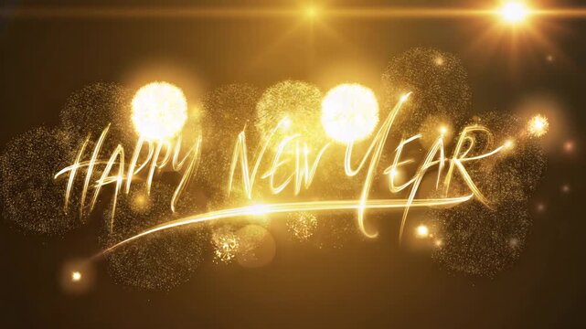 Golden glowing fireworks display with elegant script text reading happy new year against a dark brown background with lens flare effect for celebration concept