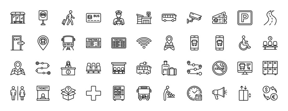 Public transport line icon set. Vector pictograms of bus, timetable, ticket, station, and passenger, thin linear illustration.