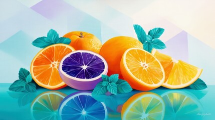 A vibrant artistic still life featuring oranges, mint leaves, and a purple citrus fruit, reflected on a glossy blue surface. The composition is set against a ge