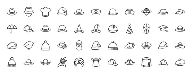 Hats and headwear line icon set. Vector pictograms of various caps, bonnets, helmets, and professional hats, thin linear illustration.