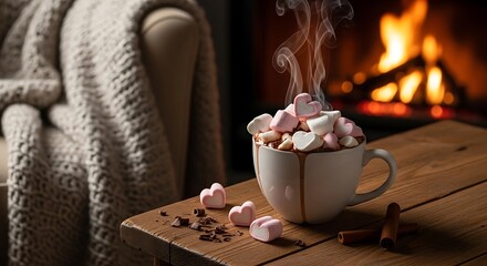 Cozy winter evening with steaming hot chocolate topped with marshmallows by a warm fireplace