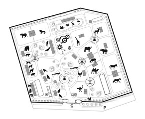 Architectural drawings, zoo map, amusement park, master plan, zoo layout, top view of a black-and-white sketch for landscape design, zonin