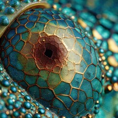 Jeweled Reptile Eye Macro - Intricate Teal and Gold Facets with Metallic Sheen.
