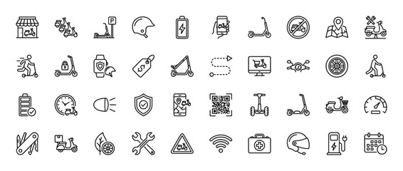 Electric scooter and motorbike sharing line icon set. Vector pictograms of rental, charging, delivery, and safety items, thin linear illustration.