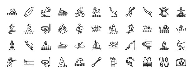 Fototapeta premium Water sports line icon set. Vector pictograms of swimming, diving, surfing, kayaking, sailing, and water polo, thin linear illustration.