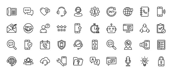 Fototapeta premium Customer service line icon set. Vector pictograms of headset, operator, telephone, chat, 24/7 clock, chatbot and technical assistance, thin linear illustration.
