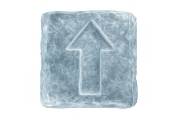Ice cube carving an up arrow symbol, depicting direction, growth, progress, and cold temperature, with transparent background