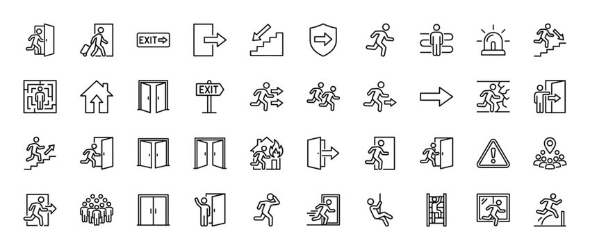 Emergency exit and evacuation line icon set. Vector pictograms of running man, door, arrow, stairs, and alarm, thin linear illustration.