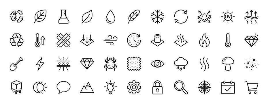 Science and nature line icon set. Vector pictograms of feather, snowflake, leaf, diamond, and thermometer, thin linear illustration.