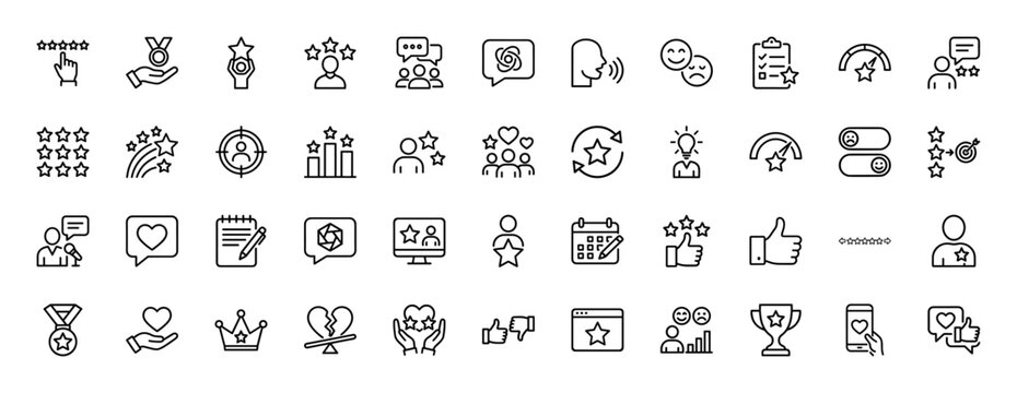 Feedback and rating outline icon set. vector pictograms of customer satisfaction, review stars, like, dislike, medal, and calendar, thin linear illustration.