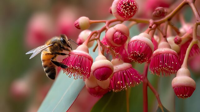 Bumblebee on pink flower gathering nectar and pollen in a garden close-up