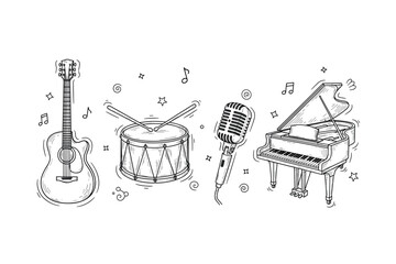 Hand-drawn musical instruments: guitar, drum, microphone, piano with musical notes