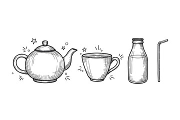 Sketch of teapot, cup, milk bottle, and straw with simple line art