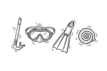 Snorkeling gear and seashell illustration: snorkel, goggles, flipper, seashell
