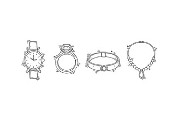 Elegant jewelry sketches featuring watch, ring, bracelet, and necklace
