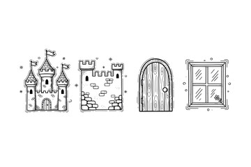 Medieval castle and fortress icons with door and window in black and white