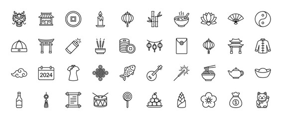 Lunar new year and chinese tradition line icon set. vector pictograms of dragon, lantern, coin, firecracker, knot, and pagoda, thin linear illustration.